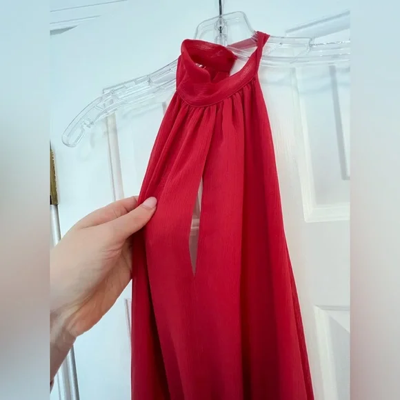 JetSet Diaries Chiffon Bright Coral Halter maxi dress, high leg slit, open  back